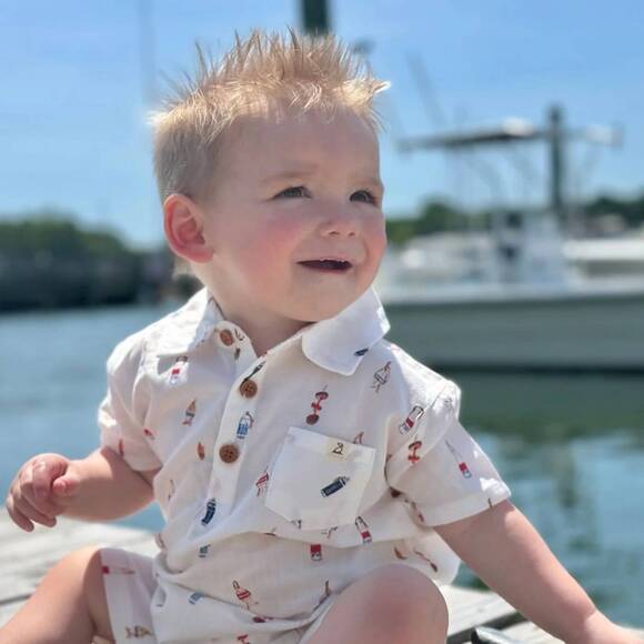 NEW ME & HENRY boy's buoys printed romper in malokai white - Picture 2 of 2